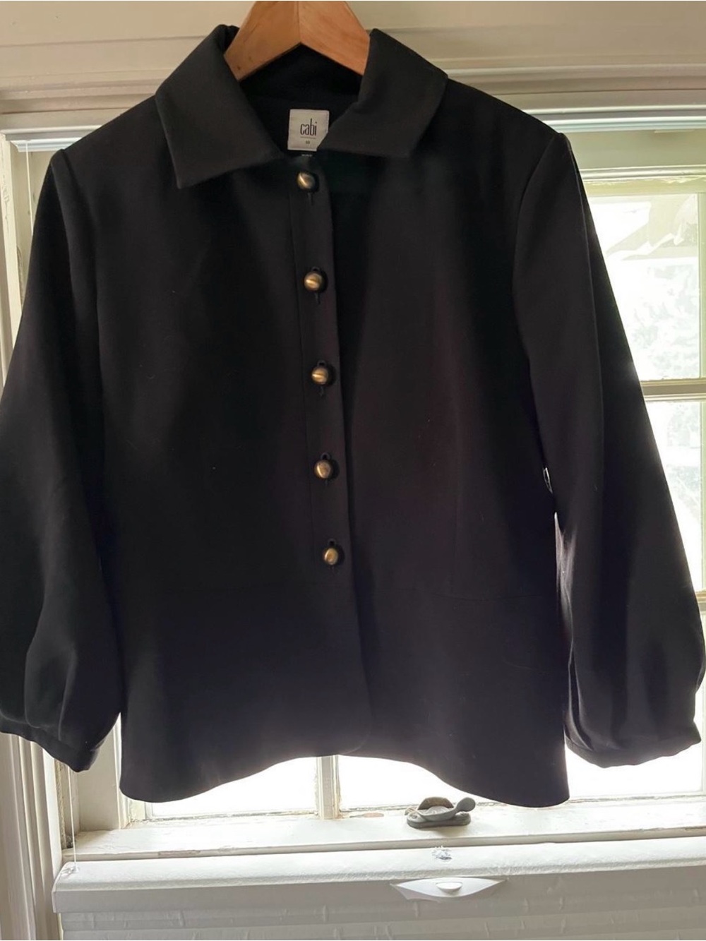 CAbi Black Button-Front Collared Jacket with Gold Buttons and cute lining